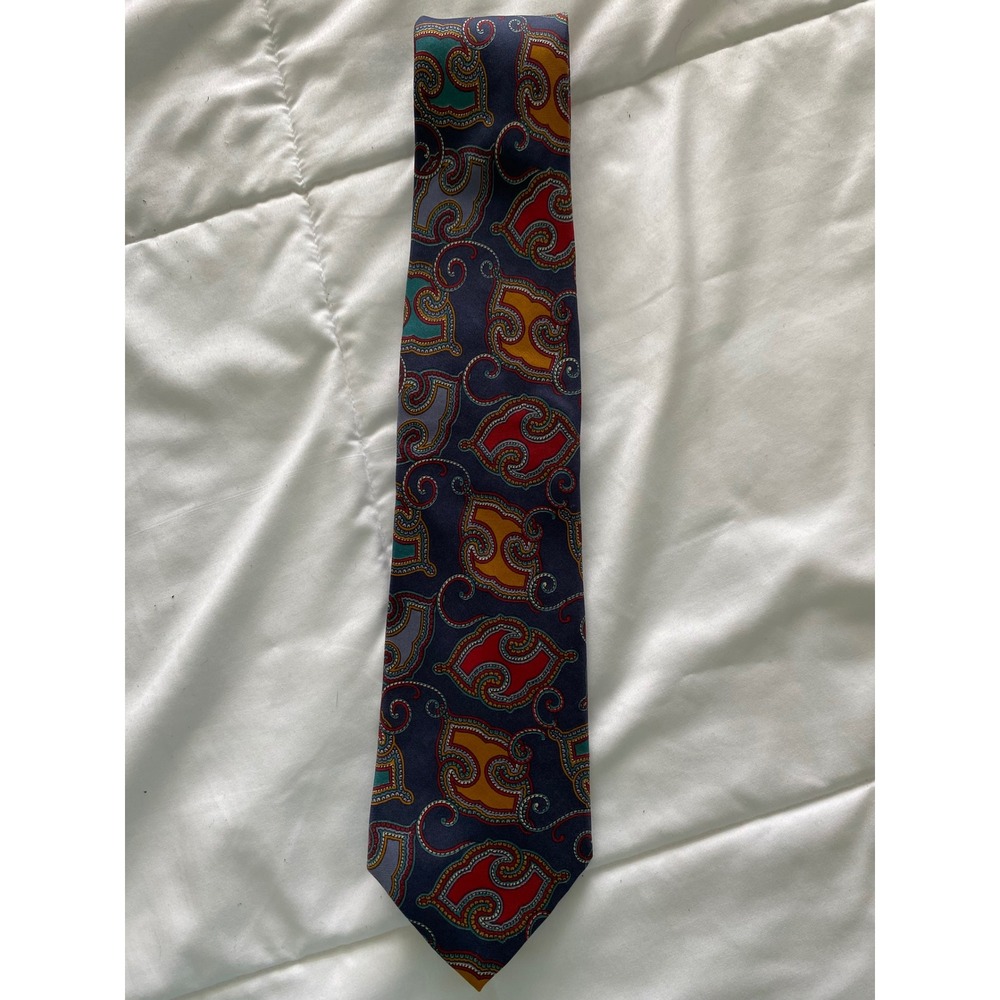 Vintage Boston Traders Silk Tie Navy Blue Red Teal Paisley Abstract Made in USA